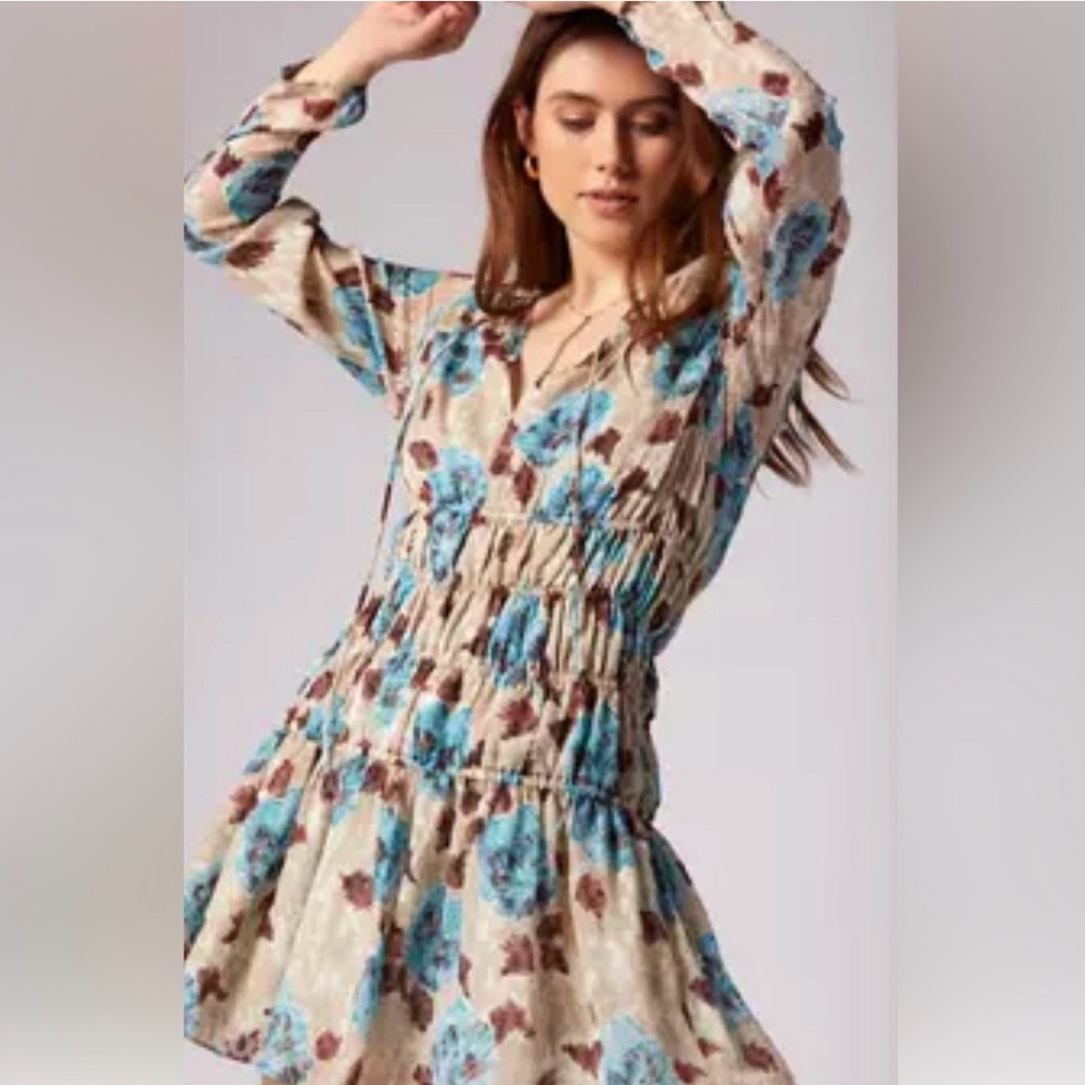 NEW Joie Aminah 100% Silk Blue Tan Floral Mini Dress Sz Small